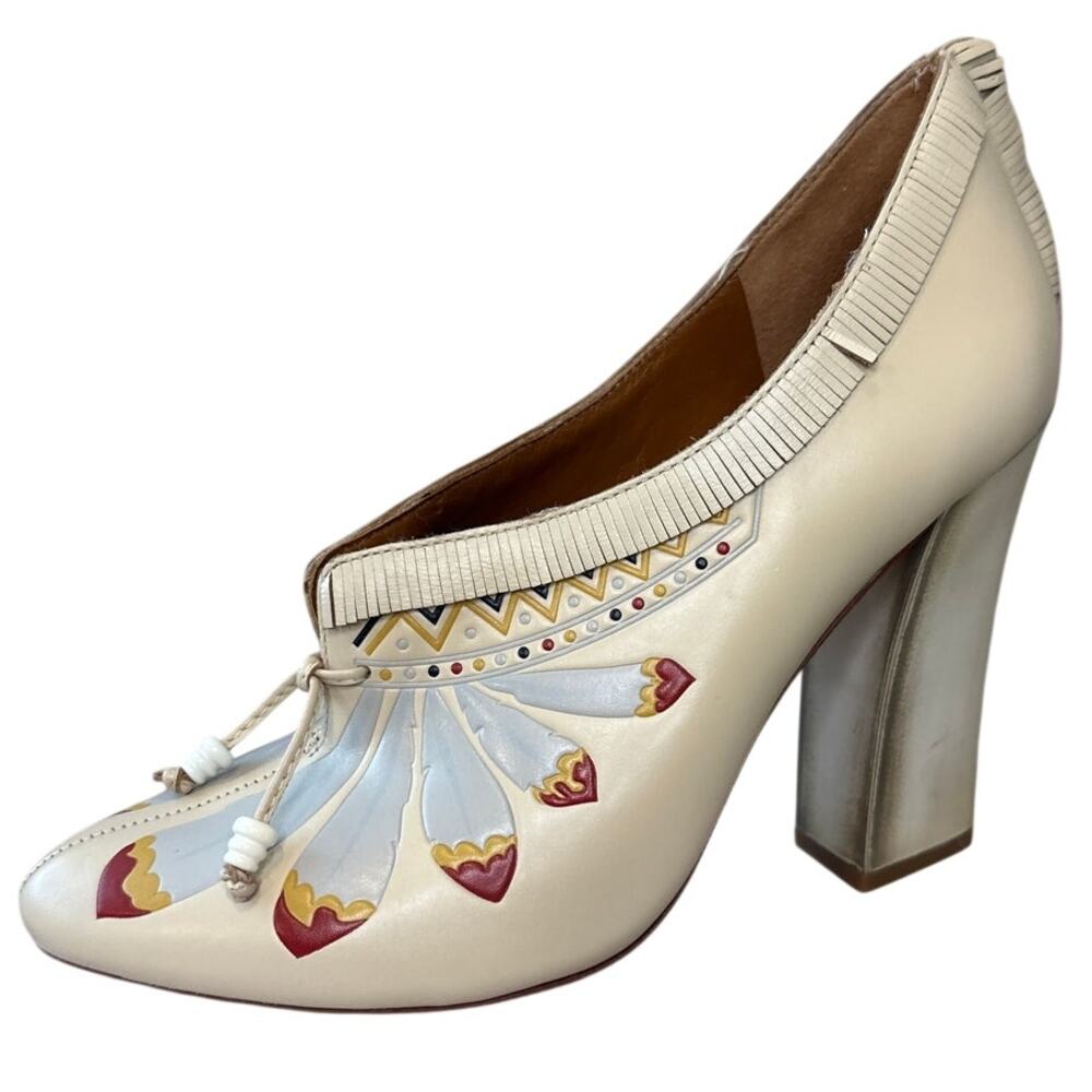 Tory Burch Yuma Fringe Feather Heel 7.5 Folk Art Block Pump - Picture 8 of 13